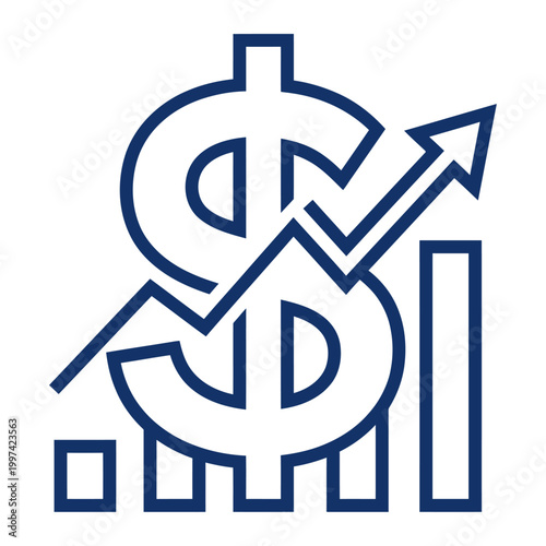 The image depicts a bold financial growth icon in a clean, outline style