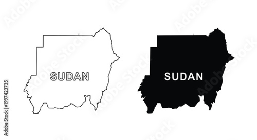A graphic representation displays the outline map of sudan in both black and white versions high quality professional