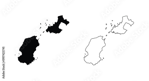 A stark black and white representation displays two separate island maps mirrored in opposing color schemes high quality