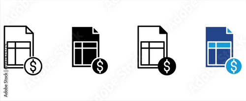 Financial billing invoice document with dollar coin icon vector set. Account balance report, business tax statement, electronic payment receipt, and monetary transaction record symbol.