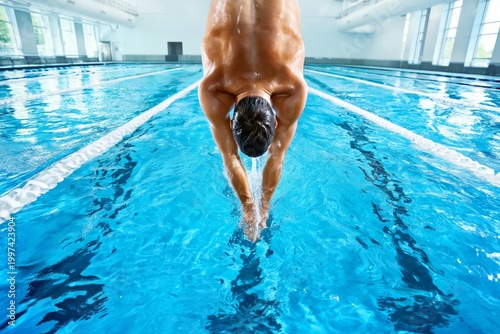 Swimmer Dives Into a Pool During Training at an Indoor Facility in the Morning