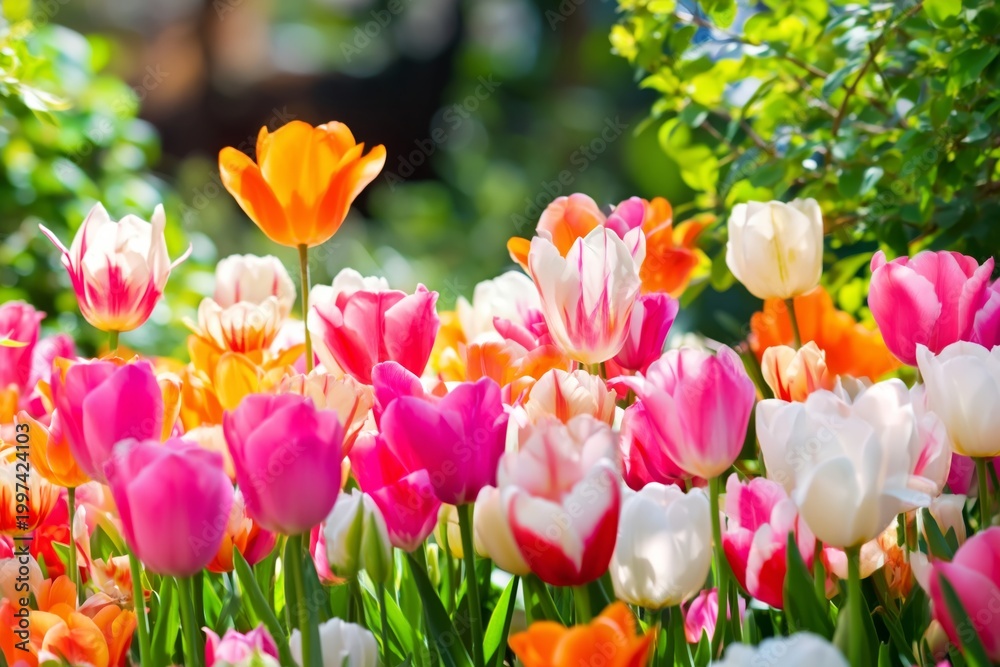 Fototapeta premium Colorful Tulips Bloom in a Garden During Springtime Near a Public Park
