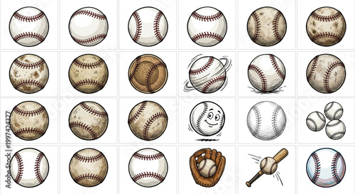 Set of illustrations featuring various baseballs and related equipment, including a mitt and bat