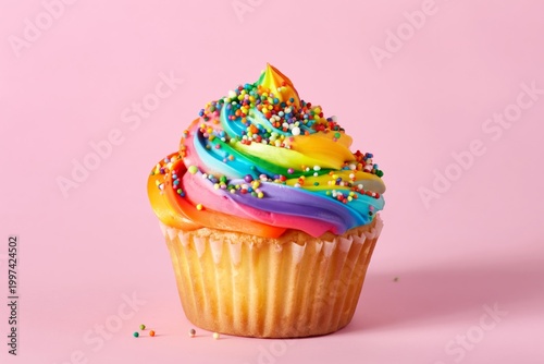 Colorful Cupcake With Rainbow Frosting and Sprinkles on Pink Background