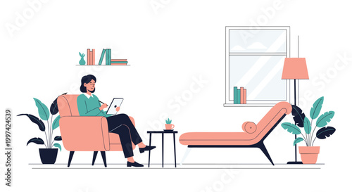 Relaxed woman sitting in a comfy armchair and working on a tablet in a stylishly decorated modern living room.