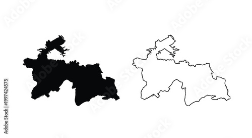 A stark black and white illustration depicts two distinct irregular shapes resembling landmasses or outlines high quality professional