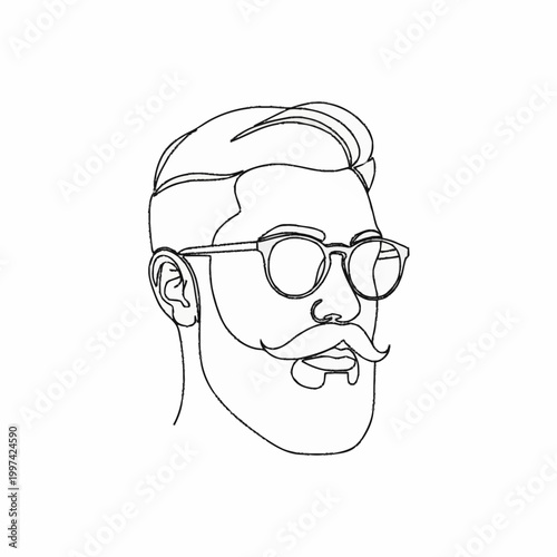 Minimalist Line Art Portrait of a Bearded Man with Glasses.