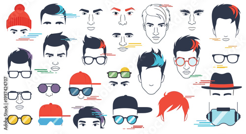Large collection of diverse male face avatars featuring various hairstyles beard styles glasses and hat accessories.