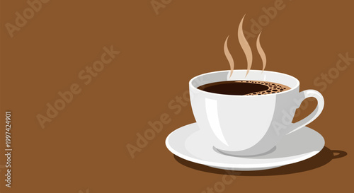 Flat illustration of a steaming cup of coffee on a saucer against a brown background