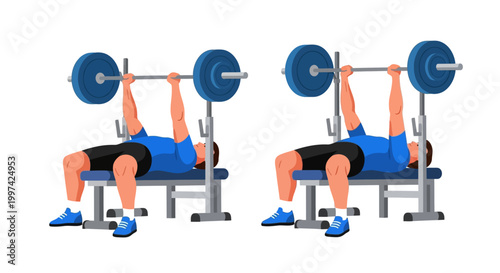 Illustration of a man performing bench press exercise with blue dumbbells on a white background