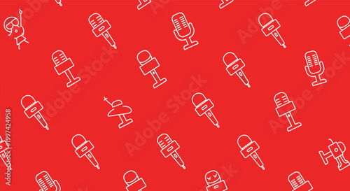 Dynamic seamless pattern featuring white outlines of various microphone types on a bright red background for media.