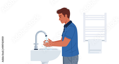 Illustration of a man washing his hands under a faucet in a bathroom with a towel rack.