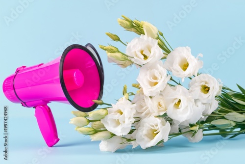 Bright Pink Megaphone Next to a Blue Vase With White Flowers on a Light Blue ...