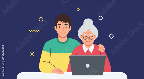 Heartwarming illustration of a young man assisting an elderly woman in using a laptop on a dark blue background.