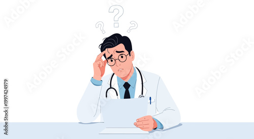 Illustration of a confused doctor sitting at a desk with a laptop and question marks above his head in a thoughtful mood.