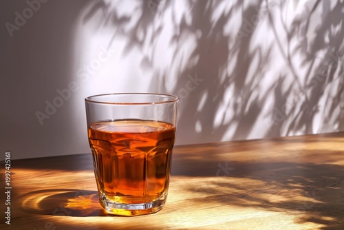 Glass of Tea on a Table With Shadow Patterns From Sunlight in the Morning