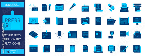 36 Press and Media Flat Icons Set, World Press Freedom Day, Journalism and News Communication Vector Collection. Modern Blue and Dark Blue Symbols for Digital Content, Broadcasting