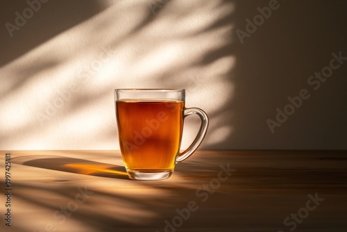 Glass of Tea on a Table With Shadow Patterns From Sunlight in the Morning