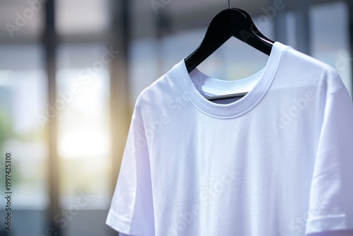 White T-Shirt Hanging on a Black Hanger Inside a Bright Store During the Day