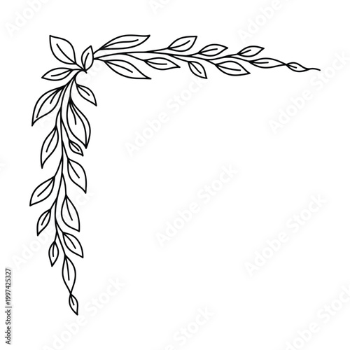 Hand-drawn botanical corner border with delicate leaves and branches for decorative frame design, minimalist black line art illustration