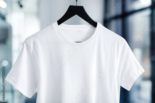 Plain White T-Shirt Hanging on a Black Hanger in a Bright Store Setting