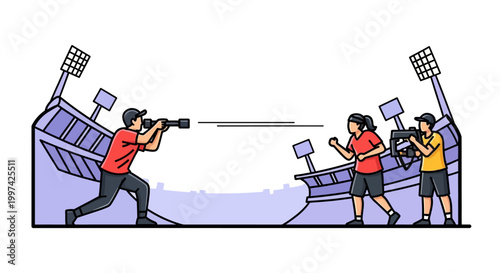 Photographers Capturing Action Shots at a Sporting Event in Stadium.