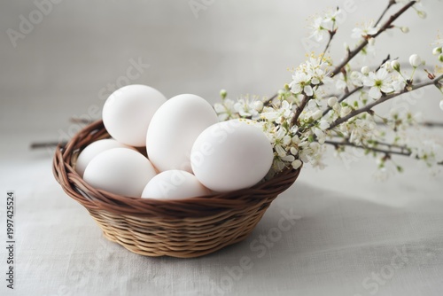 White Eggs in a Brown Basket With a Branch of Flowers on a Light Background