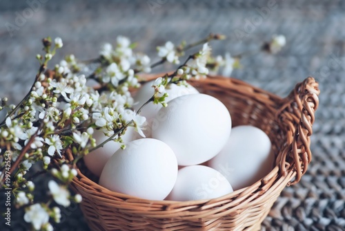 White Eggs in a Brown Basket With a Branch of Flowers on a Light Background