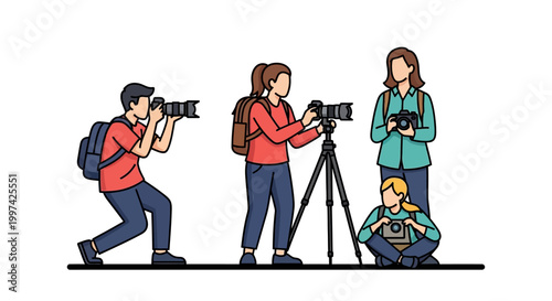 Photographers Capturing Images with Professional Cameras and Equipment Outdoors.