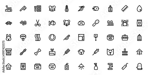 Pet shop icon set 1997. Vector pet care collection. Includes leash, brush, hamster ball, fish bowl, collar, cage, aquarium, food, shampoo and more. Editable stroke icons.