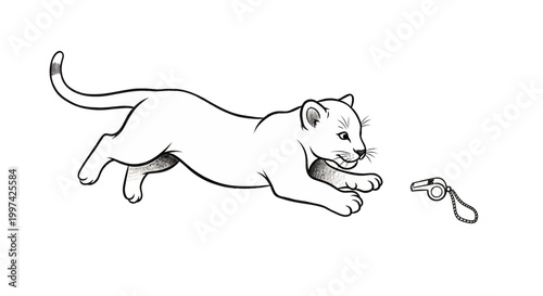 Playful Puma Cub Stalking Toy - A Black and White Illustration.