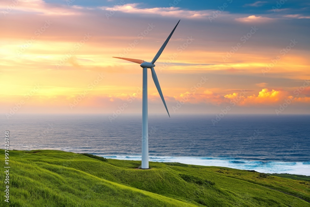 Obraz premium Wind Turbine Stands by the Ocean at Sunset in Coastal Landscape With Green Grass