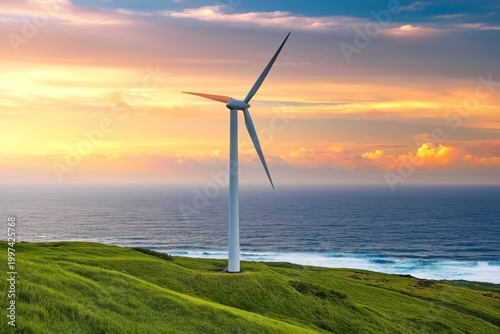 Wind Turbine Stands by the Ocean at Sunset in Coastal Landscape With Green Grass