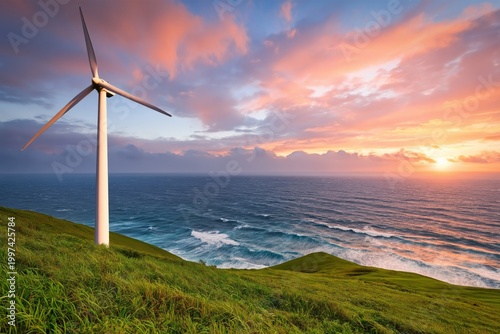 Wind Turbine Stands by the Ocean at Sunset in Coastal Landscape With Green Grass