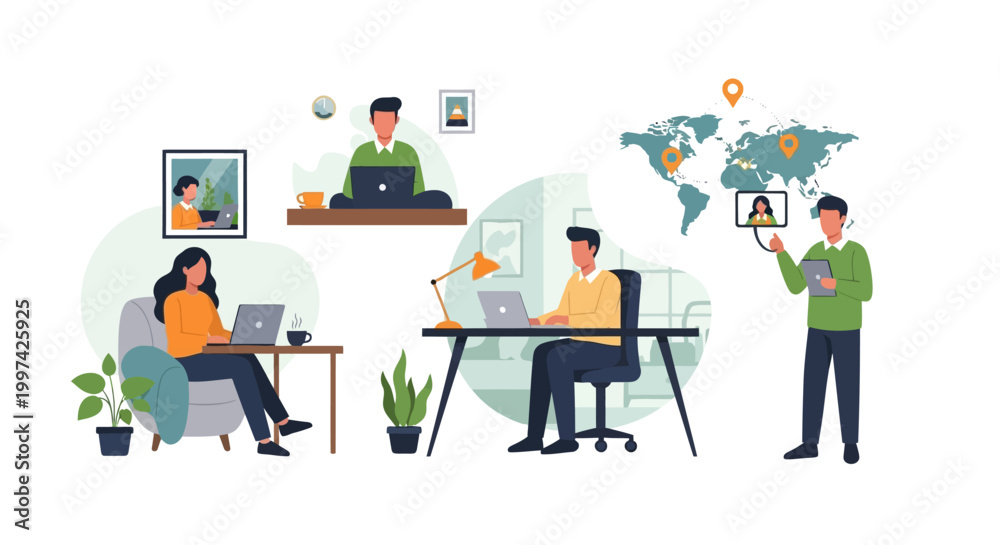 Fototapeta premium Remote Work and Global Online Collaboration: People Working from Home, Virtual Meetings, and Worldwide Connectivity Illustration