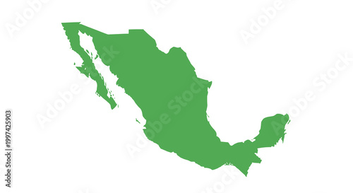 A vibrant green silhouette depicts the geographical shape of mexico highlighting its distinctive landmass high quality professional detailed