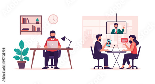 Remote Work and Online Meetings: Professionals Collaborating Virtually from Home Offices, Engaging in Video Conferences and Digital Business Communication.