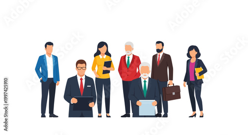 Diverse Business Professionals Group Illustration: Corporate Team, Executives, and Staff Standing Together on White Background