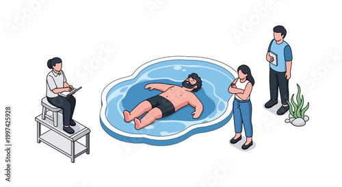 Relaxed Man Floating in Pool with Observers in Illustration.