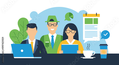 Diverse Business Team Collaboration: Professional Office Meeting with Laptop, Coffee, and Productivity Icons