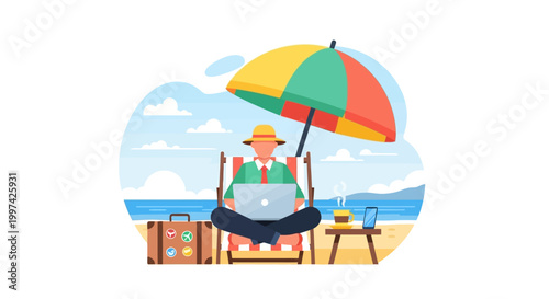 Digital Nomad Working on Beach with Laptop under Umbrella: Remote Work, Vacation & Freedom Lifestyle Illustration