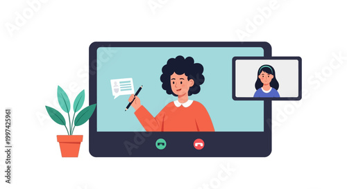 Online Video Call & Virtual Meeting Illustration. Woman Teaching in E-learning Session, Remote Work & Digital Collaboration Concept, Distance Education Webinar