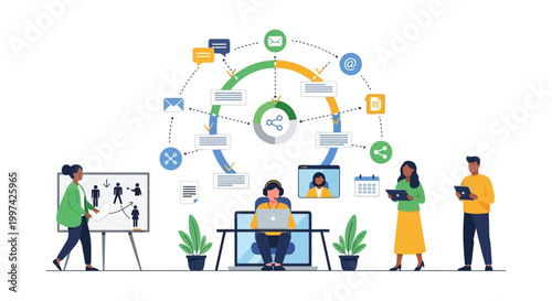Digital Business Workflow, Communication & Customer Service Strategy Illustration