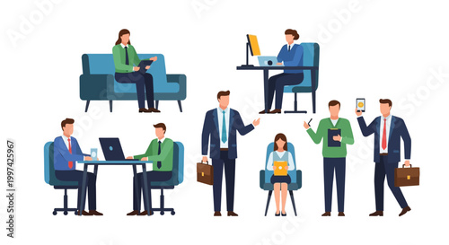 Diverse Business Professionals Engaging in Daily Office Work Activities - Flat Design Vector Set