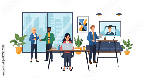 Diverse Business Team Working in Modern Office: Collaboration, Productivity, and Video Conferencing in a Contemporary Workplace