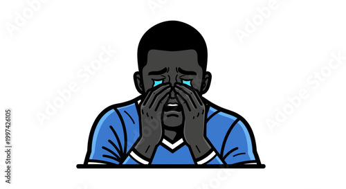 Sad African American Man Covering Face with Hands and Crying.