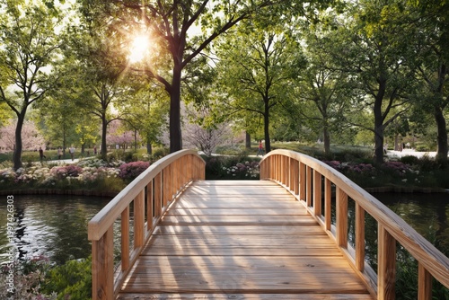 Morning Sunlight Shines on a Wooden Bridge Over a Stream in a Garden Filled W...