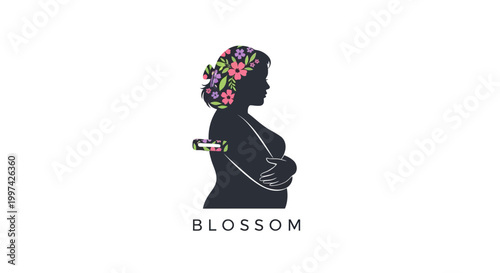 Silhouette of a Pregnant Woman with Floral Crown and Blossoms.