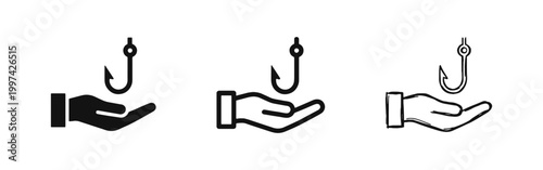 Fishing Hook and Hand Trap or Scam Concept Icons