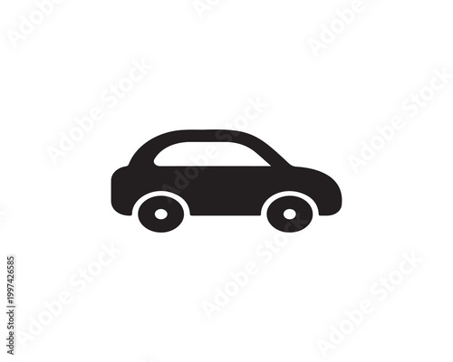 Minimalist blue car icon with rounded shape, two black wheels, and white window area, flat vector style, high-contrast geometric design on white background